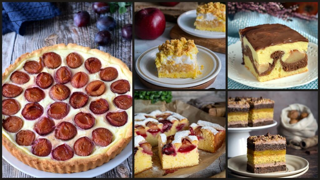 Kolaż jesiennych wypieków: tarta ze śliwkami, szarlotka z pianką, Fale Dunaju, ciasto ze śliwkami i Pani Dulska